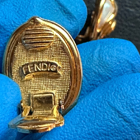 FENDI Oval Faux Pearl Clip On Statement Earrings w Gold Plated Swirl - Picture 7 of 8